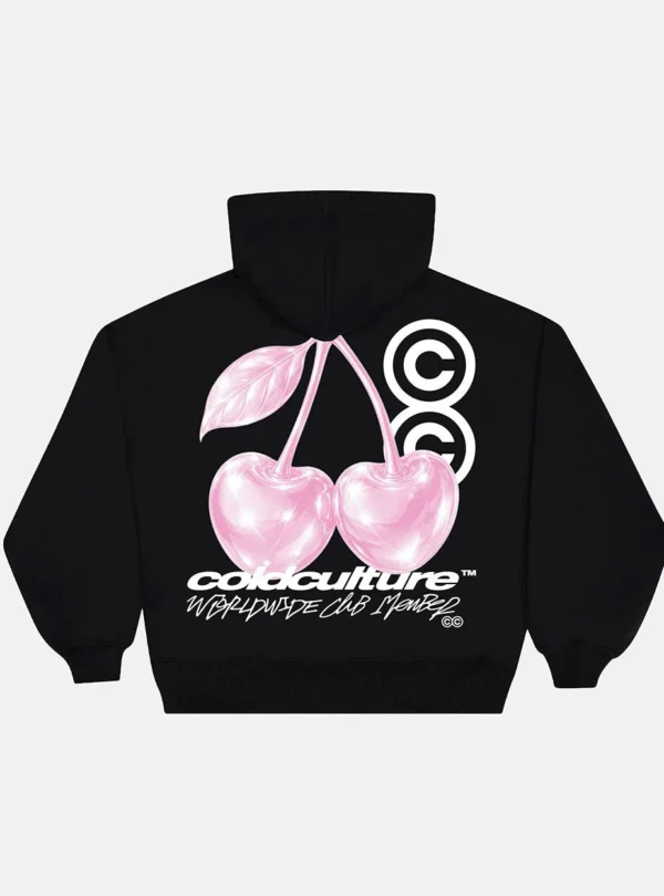 Sudadera negra Cold Culture Berry vista trasera con gran estampado de cerezas rosas y logotipo blanco