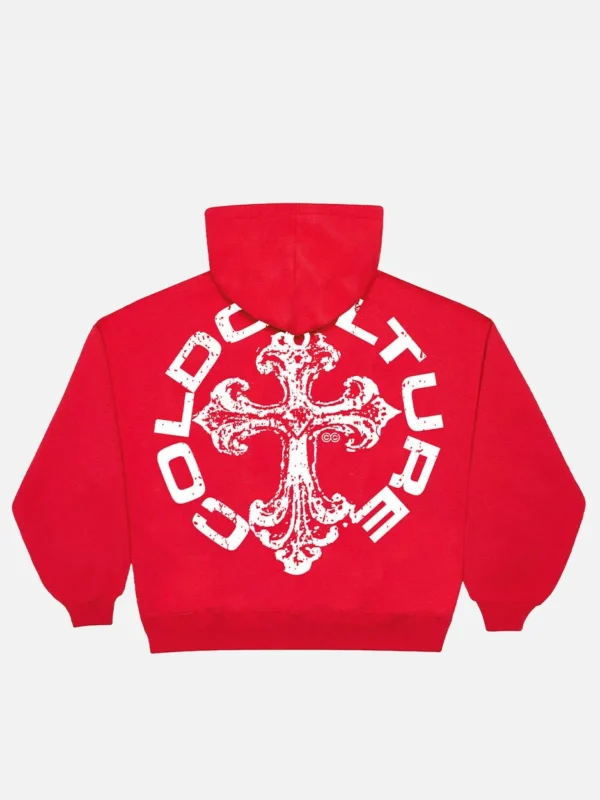 Sudadera roja Cold Culture Discharge vista por detrás con gran gráfico blanco de cruz y logotipo