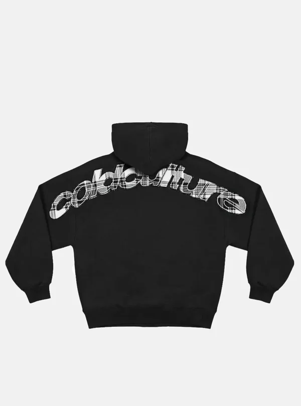 Parte trasera de la sudadera negra Cold Culture Tartan Curved Hoodie con gran gráfico curvo de cuadros sobre hombros y mangas