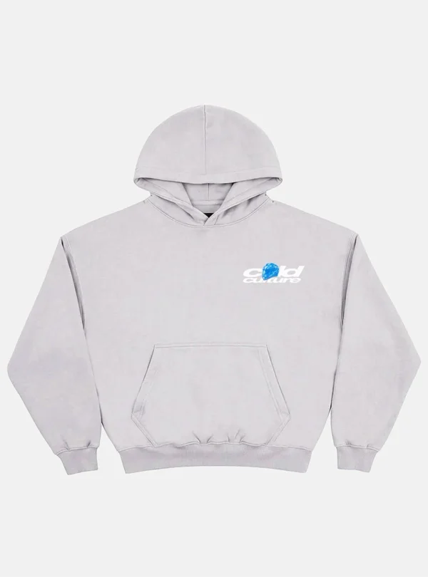 Sudadera Cold Culture Valentino en Heather Grey, vista frontal con capucha, bolsillo canguro y logotipo en el pecho
