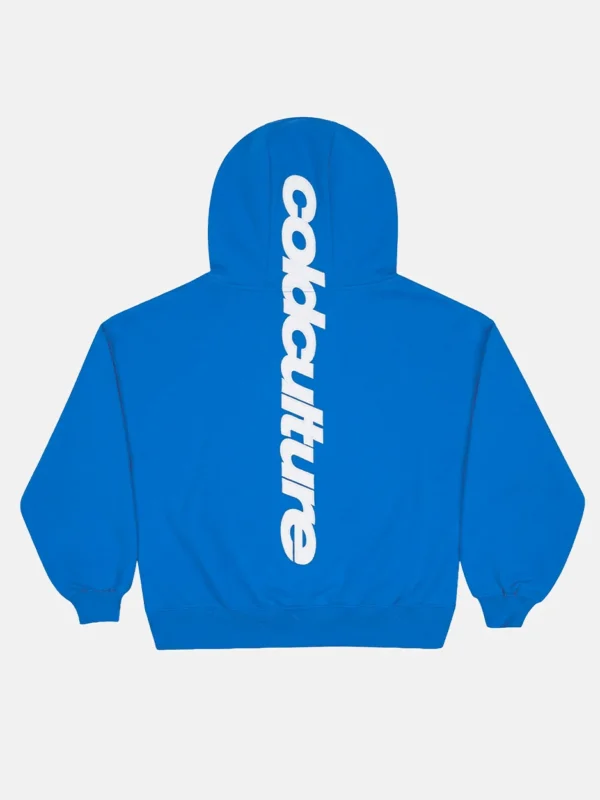 Sudadera azul Cold Culture Vertical vista desde atrás con logotipo blanco vertical