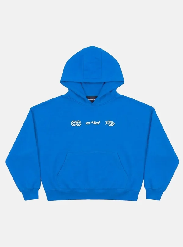 Sudadera azul Cold Culture Vertical con capucha, bolsillo canguro y gráficos blancos en el pecho