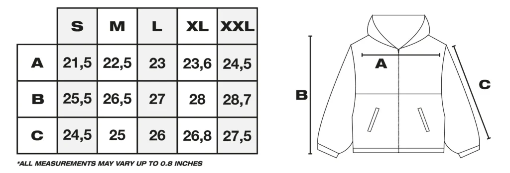 Tabla de medidas de abrigos en pulgadas