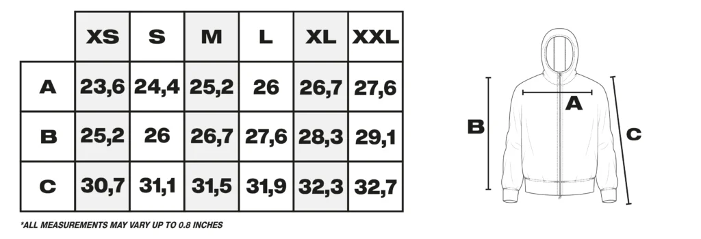Tabla de medidas de abrigos en pulgadas