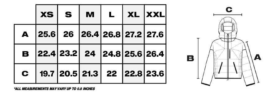 Tabla de medidas de abrigos en pulgadas