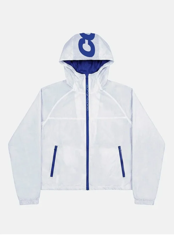 Cold Culture Arctic Windbreaker blanco de frente con capucha, cremallera y bolsillos con detalles azules
