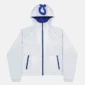 Cold Culture Arctic Windbreaker blanco de frente con capucha, cremallera y bolsillos con detalles azules