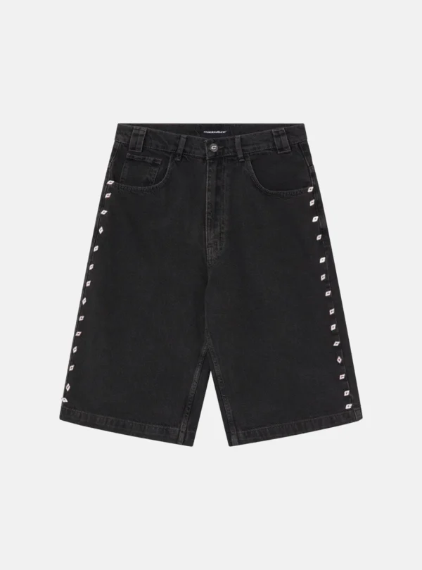Shorts Badges Jorts de Cold Culture en Black Licorice, vista frontal con pequeños detalles en los laterales