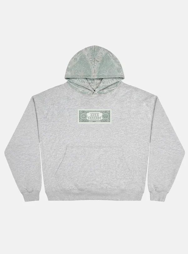 Cold Culture Bands Sudadera – Heather Grey – Vista frontal Sudadera Bands de Cold Culture en gris jaspeado, con gráfico frontal de billete verde, capucha estampada y bolsillo canguro.