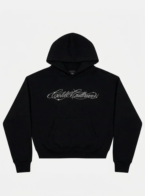 Sudadera negra Bling de Cold Culture para mujer, con capucha, bolsillo canguro y logotipo brillante en el pecho.