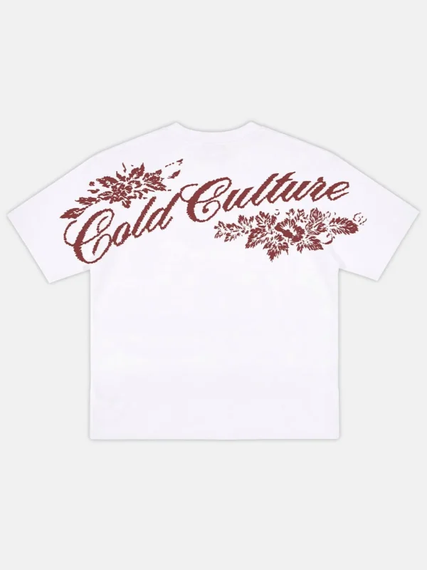 Parte trasera de la camiseta blanca Cold Culture Bloom con gran logotipo y gráfico floral