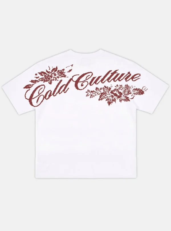 Parte trasera de la camiseta blanca Cold Culture Bloom con gran logotipo y gráfico floral