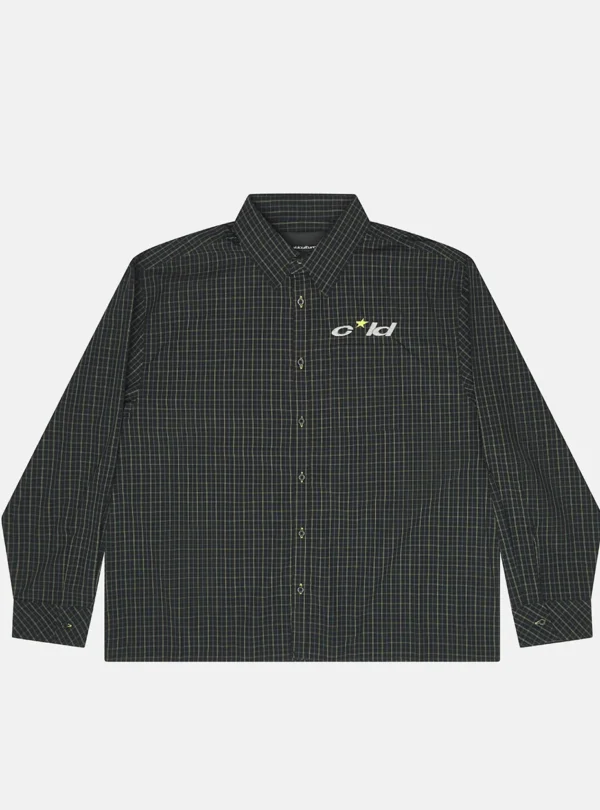 Camisa Brick Lane de Cold Culture en color Black Square, con estampado de cuadros finos, cierre de botones y logotipo blanco en el pecho