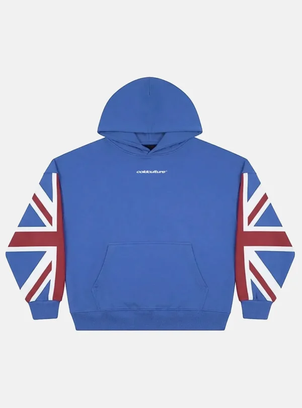 Cold Culture Cheers Sudadera Navy – Vista frontal del producto Vista frontal de la sudadera Cheers Navy de Cold Culture en azul marino, con capucha, logotipo blanco en el pecho, bolsillo canguro y mangas estampadas.