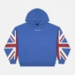 Vista frontal de la sudadera Cheers Navy de Cold Culture en azul marino, con capucha, logotipo blanco en el pecho, bolsillo canguro y mangas estampadas.