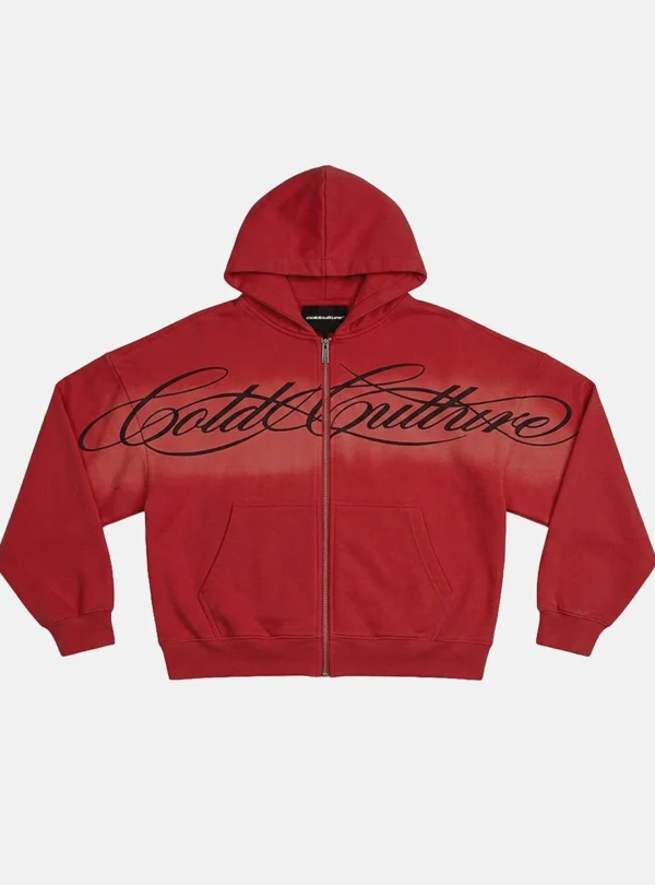 Sudadera con cremallera roja Cold Culture Crossed Script con capucha, bolsillos y logotipo gráfico negro en el frontal