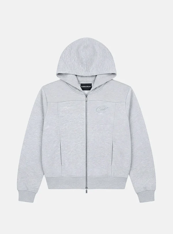 Vista frontal de la sudadera Curve Zip-up Hoodie Mujer de Cold Culture en gris jaspeado, con cremallera central, capucha, bolsillos laterales y pequeño logotipo en el pecho.