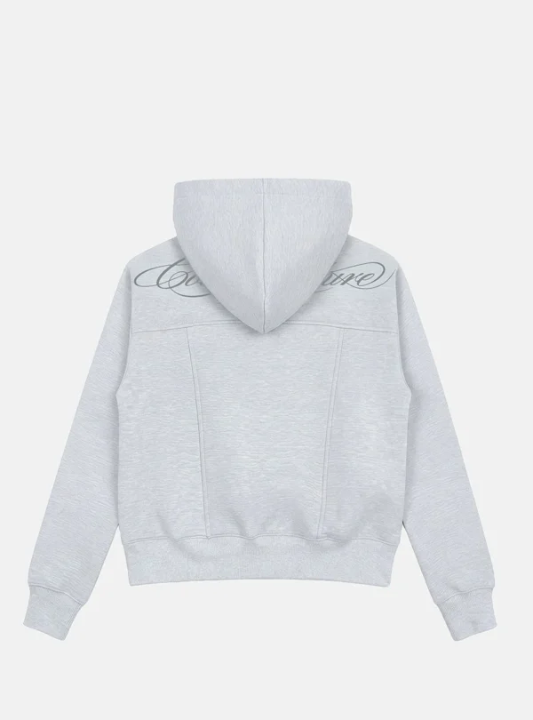 Vista trasera de la sudadera Curve Zip-up Hoodie Mujer de Cold Culture en gris jaspeado, con capucha, costuras verticales y logotipo caligráfico en la parte superior de la espalda.