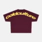 Parte trasera de la camiseta Cold Culture Curved en burdeos y amarillo con gráfico grande de Cold Culture