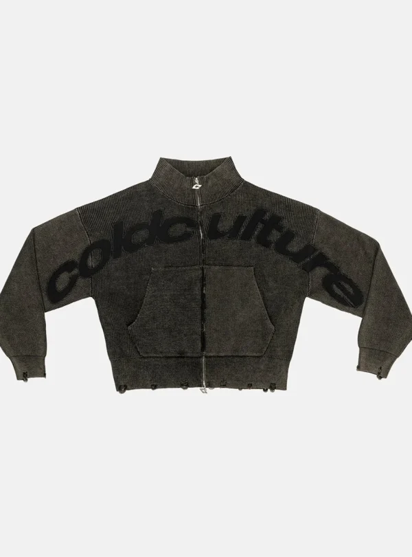 Jersey negro Cold Culture Distress Curved Zip Knit con cremallera frontal, bolsillos y logotipo en relieve