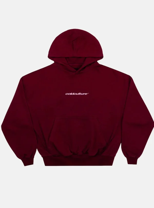 Sudadera Burgundy Cold Culture Distressed Defense de frente con capucha, bolsillo canguro y logotipo en el pecho