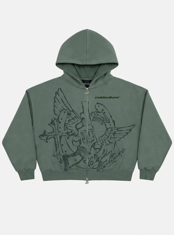 Sudadera con cremallera verde Eagle de Cold Culture vista de frente, con capucha y gráfico de águilas