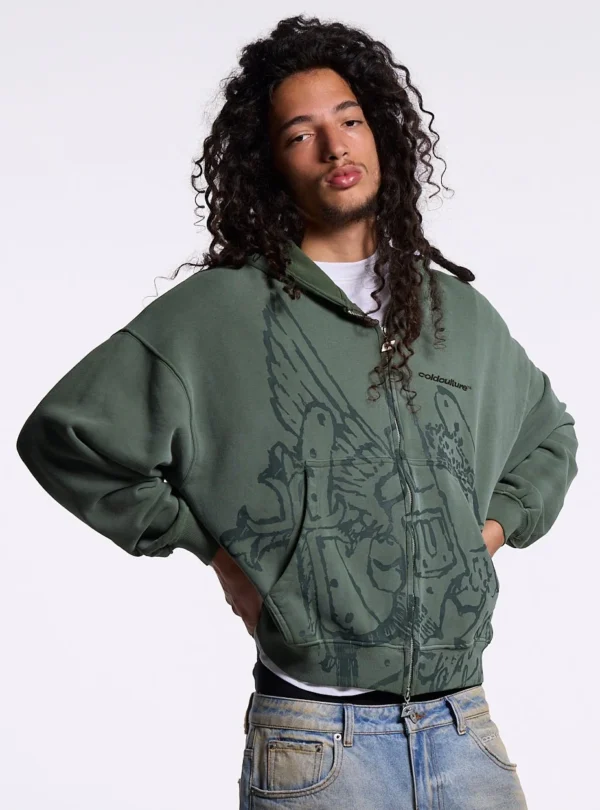Hombre con sudadera con cremallera verde Eagle de Cold Culture, con gráfico de águilas en la parte frontal