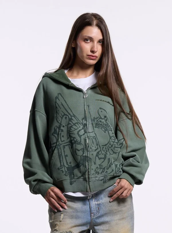 Mujer con sudadera con cremallera verde Eagle de Cold Culture, con capucha y gráfico de águilas en el frontal