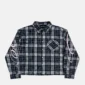 Vista frontal de la camisa Gleenwood Plaid Tartan de Cold Culture en negro y blanco, con cierre de botones, bolsillo en el pecho y gráficos rosas en las mangas.