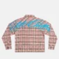 Vista trasera de la camisa Gleenwood Plaid Tartan rosa de Cold Culture, con estampado de cuadros y logotipo turquesa de gran tamaño sobre la espalda y las mangas.