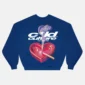 Sudadera sin capucha Heart Ashtray de Cold Culture en azul oscuro, vista trasera con gráfico de corazón, cigarrillo y logotipo