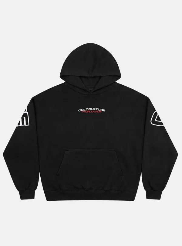 Cold Culture Holeshot Sudadera Black – Vista frontal de producto Vista frontal de la sudadera negra Holeshot de Cold Culture con capucha, bolsillo canguro, logotipo en el pecho y gráficos blancos en las mangas.