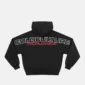 Vista trasera de la sudadera negra Holeshot de Cold Culture con gran estampado Cold Culture Worldwide en blanco y rojo sobre la espalda.