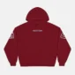 Vista frontal de la sudadera Holeshot Burgundy de Cold Culture, con capucha, bolsillo canguro y pequeño logotipo Worldwide en el pecho.