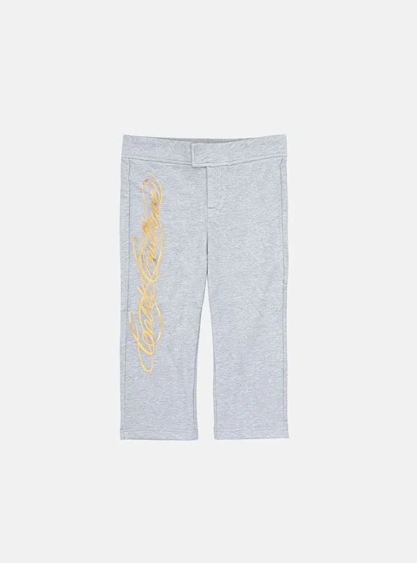 Vista frontal del pantalón capri Icon de Cold Culture para mujer en gris jaspeado, con logotipo dorado vertical, cintura con solapa y perneras rectas.