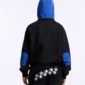 Detalle trasero de la sudadera sin capucha Cold Culture Intercept en negro y azul marino, con coderas azules y logotipo bordado en la espalda