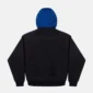 Vista trasera de la sudadera sin capucha Cold Culture Intercept en negro y azul marino, con capucha azul y logotipo bordado en la espalda