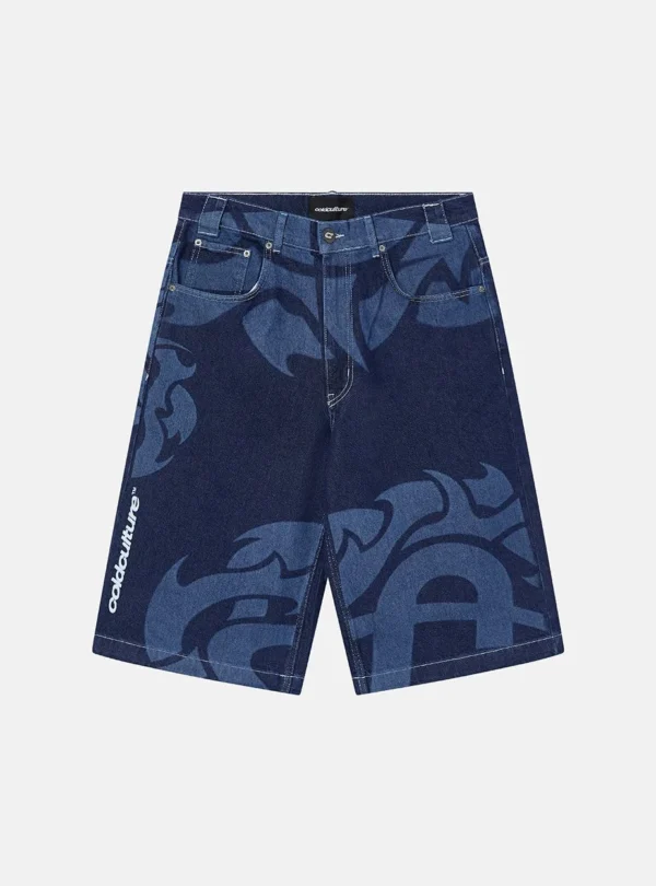Cold Culture Laser Denim Shorts – Azul – Vista frontal Shorts vaqueros azules Cold Culture Laser Denim, vista frontal con gráficos en contraste