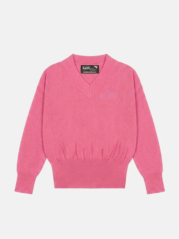 Jersey de punto rosa Lull Knit Mujer de Cold Culture, con escote en pico, logotipo tonal en el pecho, mangas largas y cintura acanalada.