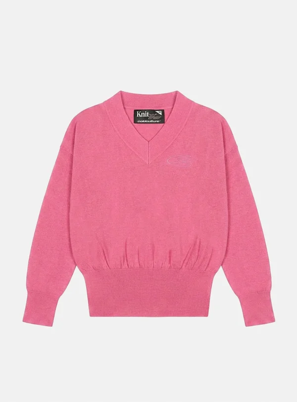 Jersey de punto rosa Lull Knit Mujer de Cold Culture, con escote en pico, logotipo tonal en el pecho, mangas largas y cintura acanalada.