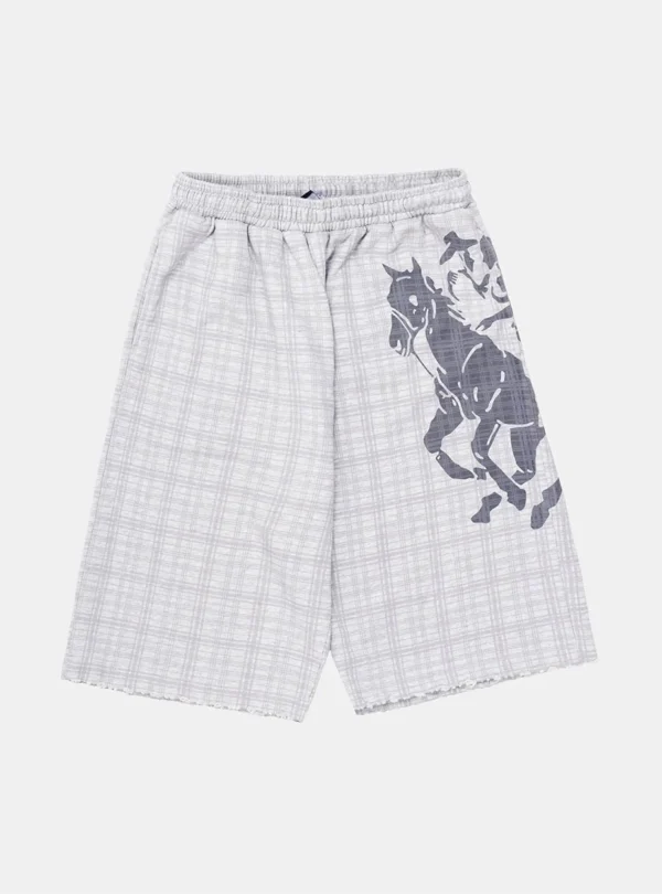 Shorts Novel de Cold Culture en gris, vista frontal con estampado gráfico de caballo y jinete