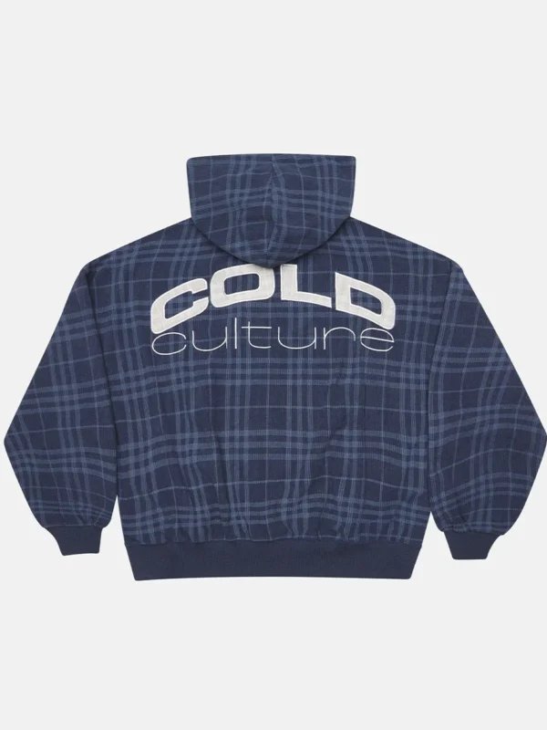 Vista posterior de la sudadera con cremallera Cold Culture Posh navy con estampado de cuadros y logotipo Cold Culture bordado