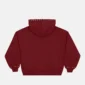 Vista trasera de la sudadera roja Raw Zip-up Hoodie de Cold Culture, con espalda lisa, capucha con tachuelas metálicas y puños acanalados.