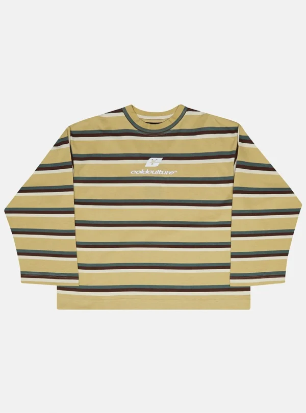 Manga larga Cold Culture Ray Curved en amarillo y marrón con rayas horizontales y logotipo en el pecho