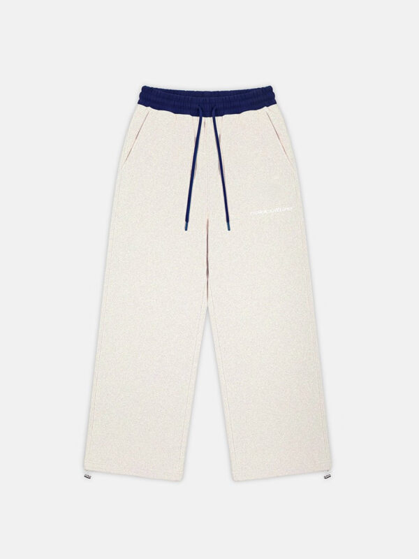 Pantalones deportivos Reverse Fleece Heather Grey de Cold Culture, vista frontal con cintura elástica azul marino, cordones ajustables y perneras anchas.