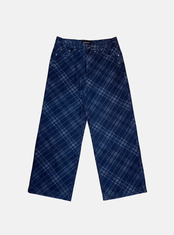 Pantalones Cold Culture Roll V2 en Raw Denim, vista frontal con estampado de cuadros y pernera ancha