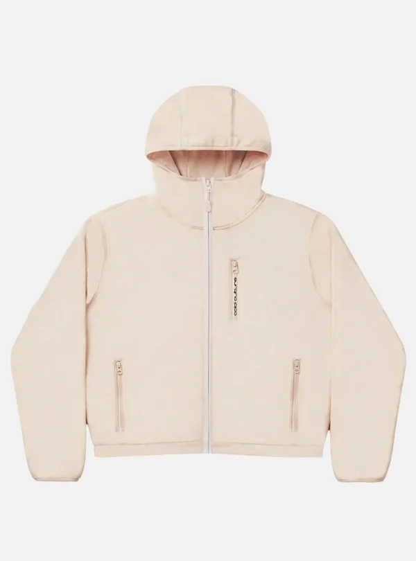 Vista frontal del fleece Cold Culture Shadow off white con capucha, cremallera central y bolsillos con cremallera