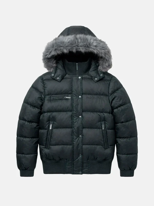 Cold Culture Slope Puffer gris en vista frontal, con capucha de ribete de pelo y bolsillos con cremallera