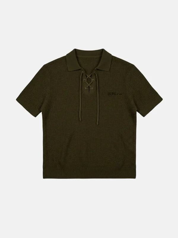 Jersey de punto verde Cold Culture Sparrow Knit con cuello polo, cierre de cordones y logo en el pecho