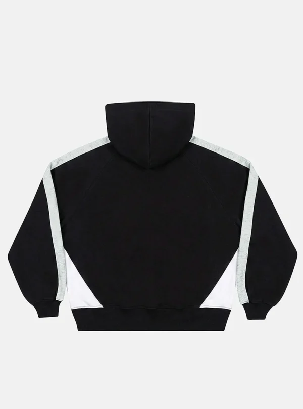 Vista trasera de la sudadera Speed Spoke de Cold Culture en negro y gris jaspeado, con capucha, franjas grises en las mangas y paneles blancos en los laterales inferiores.